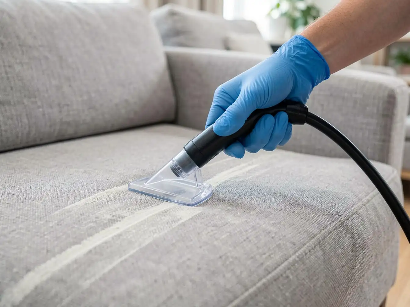Gloved hand cleaning a gray sofa cushion with an upholstery extraction tool, leaving a cleaner stripe